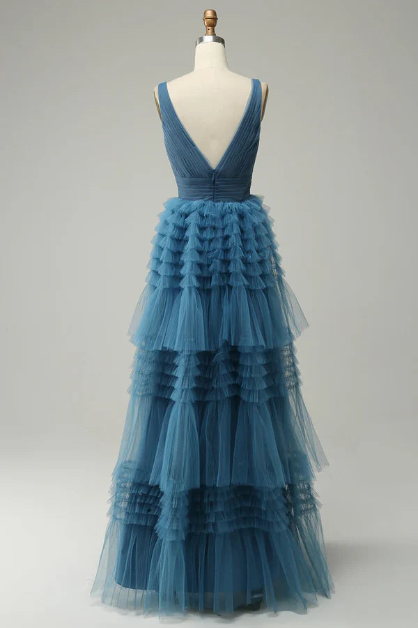 A Line V-Neck Blue Long Prom Dress Tulle With Open Back Sleeveless