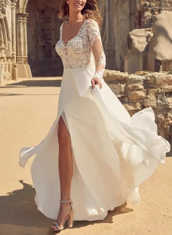 Elegant A-Line V-Neck Wedding Dresses With Long Sleeves And Split Front Floor Length