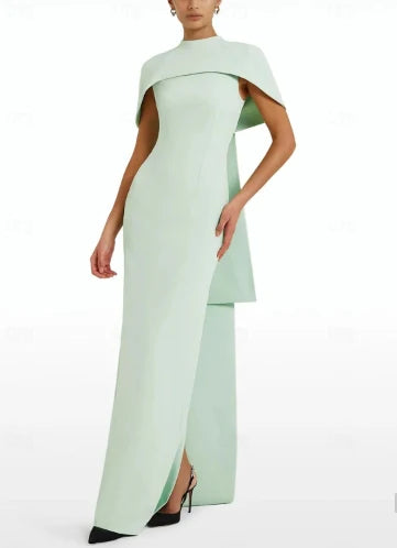 Sheath / Column Evening Gown Formal Sweep / Brush Train Sleeveless Jewel Neck Stretch Crepe Wedding Guest Dress