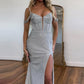 Sparkly Grey Mermaid Beaded Long Corset Prom Dress With Slit Sexy Evening Dress