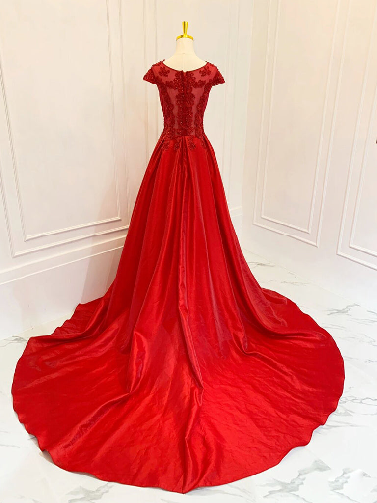 A-Line Scoop Neckline Satin Lace Burgundy Long Prom Dress Formal Dress Short Sleeves december wedding guest dress