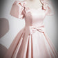 A-Line Satin Pink Long Prom Dress Formal Dress Short Sleeves Evening Dress With Bow(s)