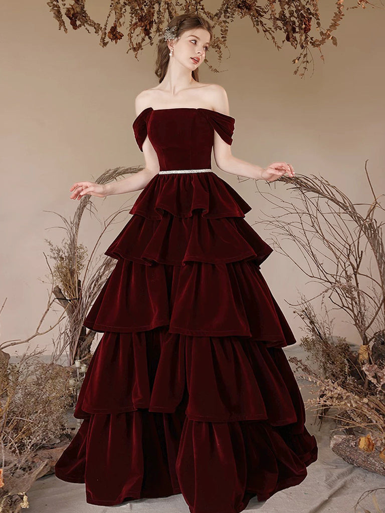 A-Line Off Shoulder Velvet Burgundy Long Prom Dress Formal Dress Evening Dress