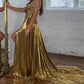 Sparkly Golden Cut Out Beaded A Line Pleated Long Prom Dress With Slit Sexy Evening Dress