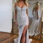 Sparkly Grey Mermaid Beaded Long Corset Prom Dress With Slit Sexy Evening Dress