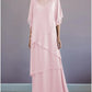 A-Line Mother of the Bride Dress Formal Wedding Guest Elegant Bateau Neck Floor Length Chiffon Half Sleeve with Ruffles