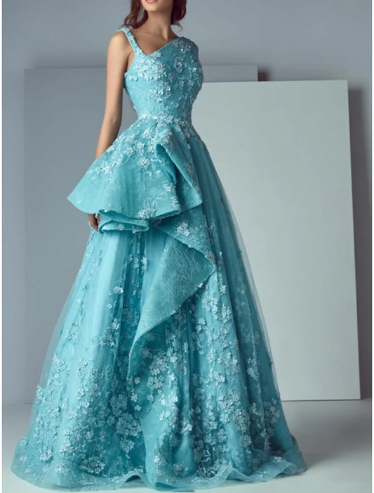 A-Line Floral Engagement Prom Dress V Neck Sleeveless Floor Length Polyester with Appliques Evening Dress