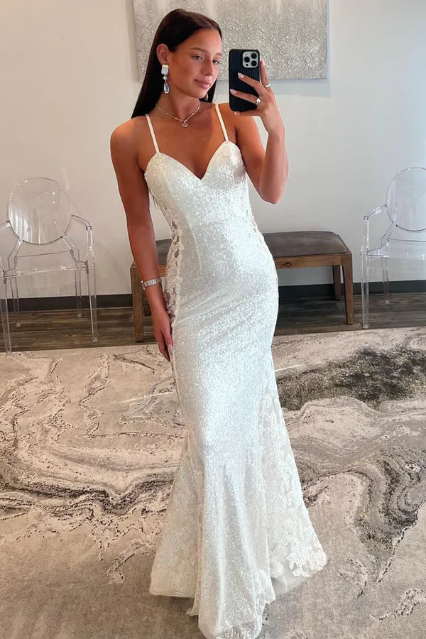 White V Neck Sequin Mermaid Long Prom Dresses with Appliques Sparkly Evening Dress