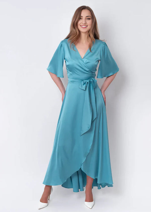 Blue A-Line Silk Dress Wrap Dress Bridesmaid Dress Wedding Guest Dress Party Dress