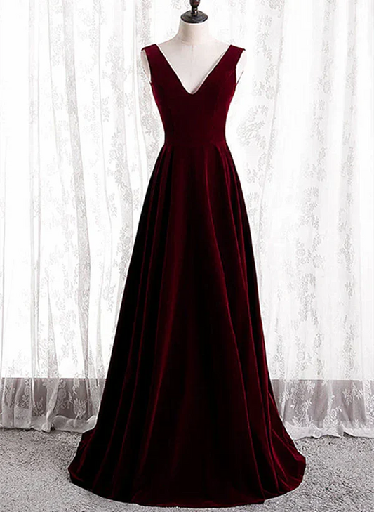 A-Line Velvet V-neckline Sleeveless Long Party Dress Prom Dresses Bridesmaid Dress Evening Dress