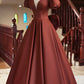 A-Line Elegant Short Sleeve Satin Floor Length Evening Dress V-neck Prom Dress With Bow