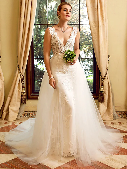 Wedding Dresses V Neck Chapel Train Lace Tulle Regular Straps See-Through