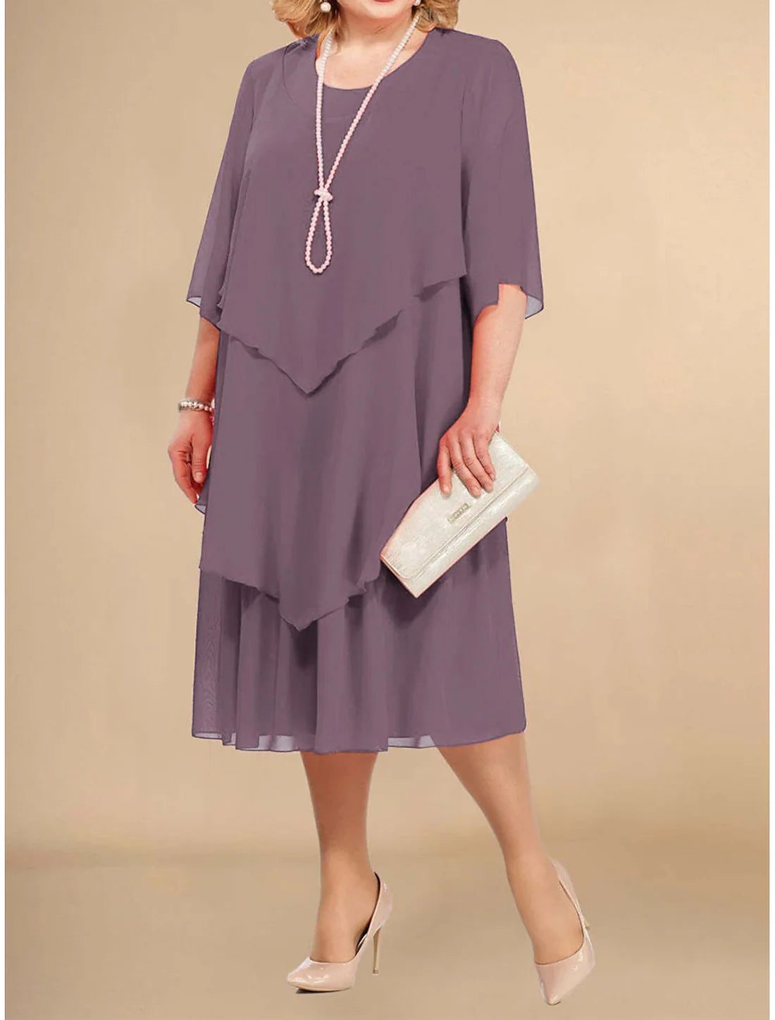 Plus Size Party Dress Layered Crew Neck Half Sleeve Midi Dress Vacation Party Navy / Dark Blue Black Spring Fall Mother of the Bride Dress