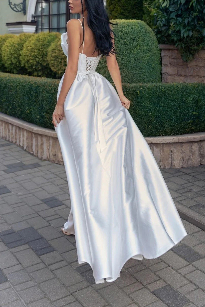 Ivory Satin Wedding Dress Spaghetti Straps A Line Bridal Dress Floor Length With Slit Sexy Formal Dress