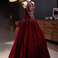 A-Line Velvet Sequin Burgundy Long Prom Dress Long Formal Dress december wedding guest dress