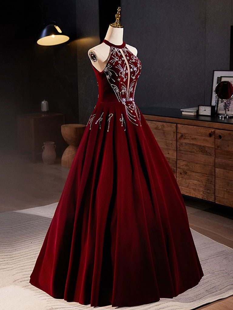 A-Line Velvet Sequin Burgundy Long Prom Dress Long Formal Dress december wedding guest dress