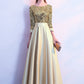 A-Line Glittering Elegant Prom Formal Evening Dress Jewel Neck 3/4 Length Sleeve Floor Length Satin