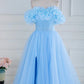 Elegant Prom Dresses Off The Shoulder Tulle A Line Slit With Flowers Floor Length Solid Color