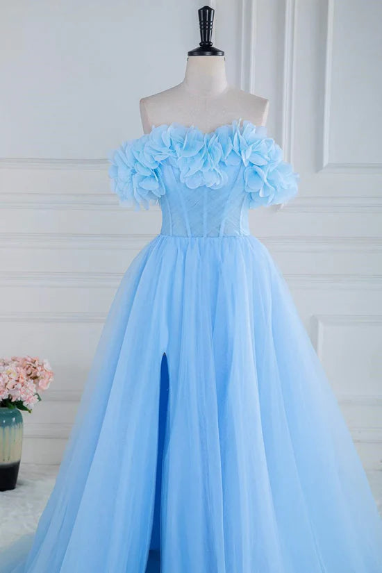 Elegant Prom Dresses Off The Shoulder Tulle A Line Slit With Flowers Floor Length Solid Color