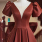 A-Line Elegant Short Sleeve Satin Floor Length Evening Dress V-neck Prom Dress With Bow