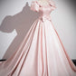 A-Line Satin Pink Long Prom Dress Formal Dress Short Sleeves Evening Dress With Bow(s)