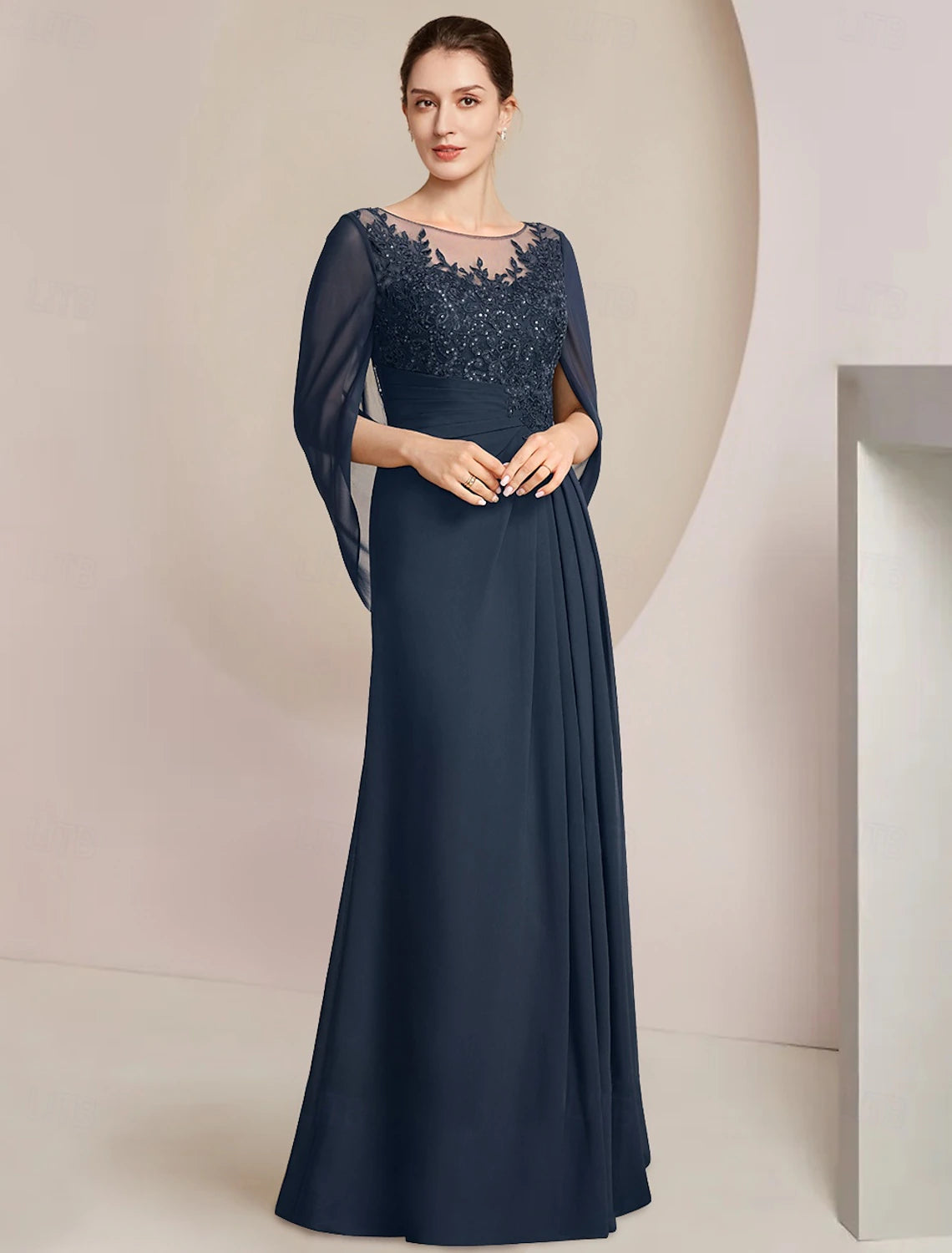 Sheath / Column Dress Mother of the Bride Dress Elegant Jewel Neck Floor Length Chiffon Half Sleeve with Lace Side-Draped