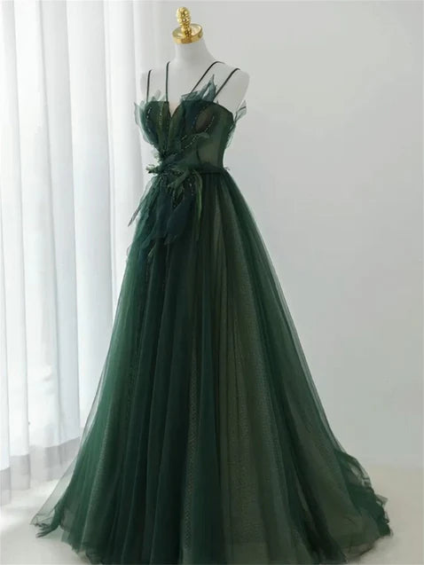 Dark Green Long Beaded A-line Evening Dress Party Dress Prom Dress Formal Dress december wedding guest dress