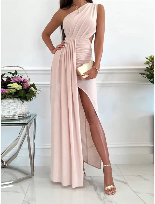 Women‘s Prom Dress Wedding Guest Party Dress Formal Dress Long Dress Maxi Dress Pink Red Green Sleeveless Pure Color Backless Summer Spring Fall One Shoulder Evening