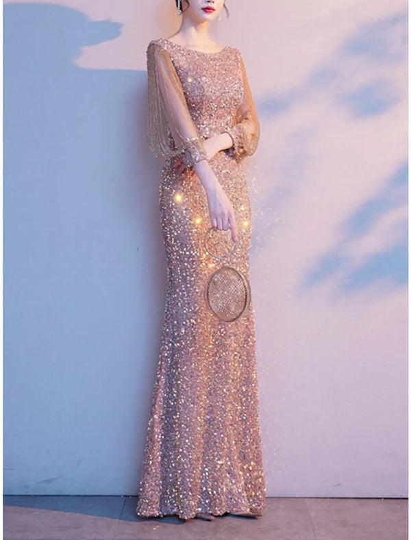 Sheath / Column Mother of the Bride Dress Elegant Sparkle & Shine Petite Jewel Neck Floor Length Sequined 3/4 Length Sleeve Evening Dress