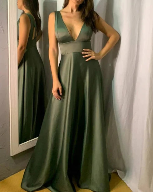 Long Satin V Neck Empire Bridesmaid Dresses A-Line Evening Dresses Sexy Party Dress