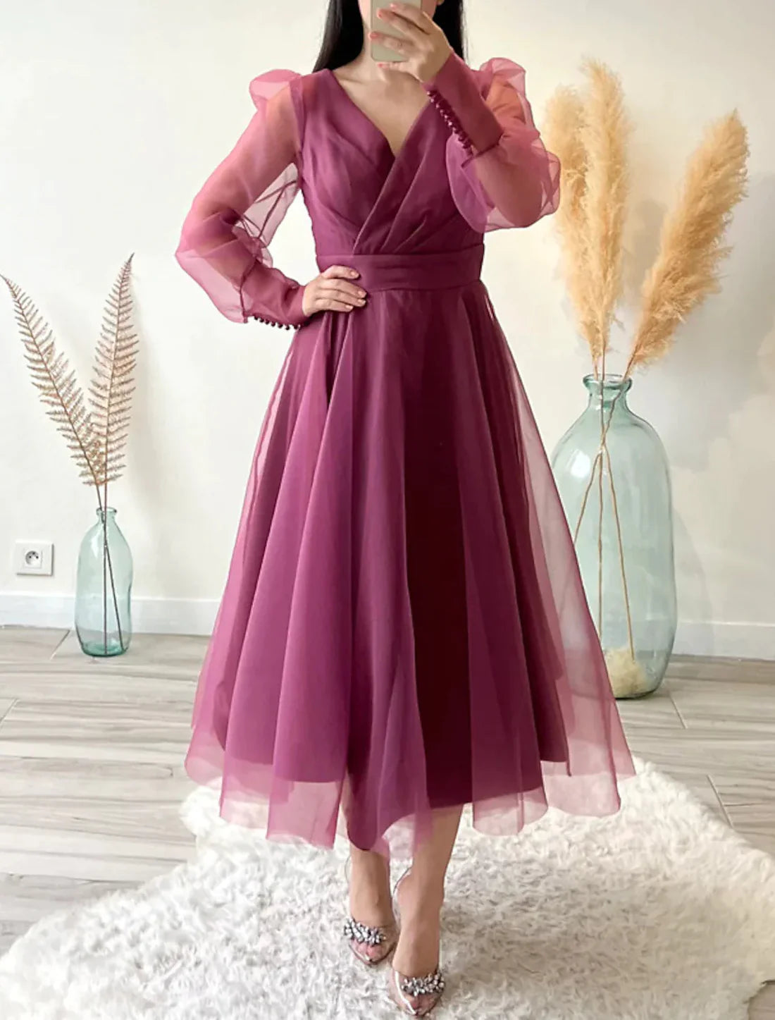 A-Line Wedding Guest Dresses Tiered Plisse Dress Cocktail Party Semi Formal Tea Length Short Sleeve V Neck Belt / Sash Chiffon with Beading Elegant