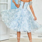 A-Line Blue Party Dress Off The Shoulder Printed Blue Tea-Length Cocktail Dress Homecoming Dress