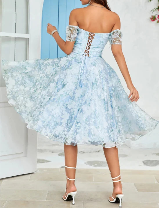 A-Line Blue Party Dress Off The Shoulder Printed Blue Tea-Length Cocktail Dress Homecoming Dress