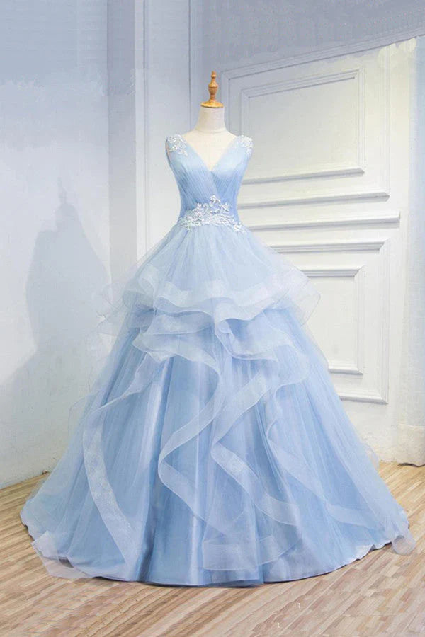 Sweetheart Blue Organza Ballgown V Neck Ruffles Appliques Prom Dresses Beautiful