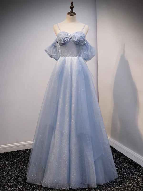 Glitter A-Line Princess Off Shoulder Tulle Gray Blue Long Prom Dress Sparkly Evening Dress