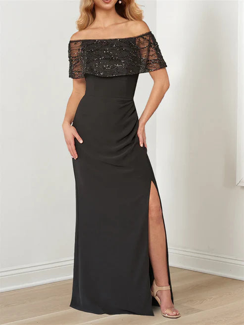 A-Line Neck Floor Length Mother Of The Bride Dresses Off Shoulder Sparkly Evening Dress