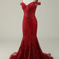 Burgundy Mermaid Cold Shoulder Long Prom Dress V-neck Sexy