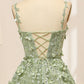 Green A Line Spaghetti Straps Tulle Long Prom Dress With Appliques Beautiful