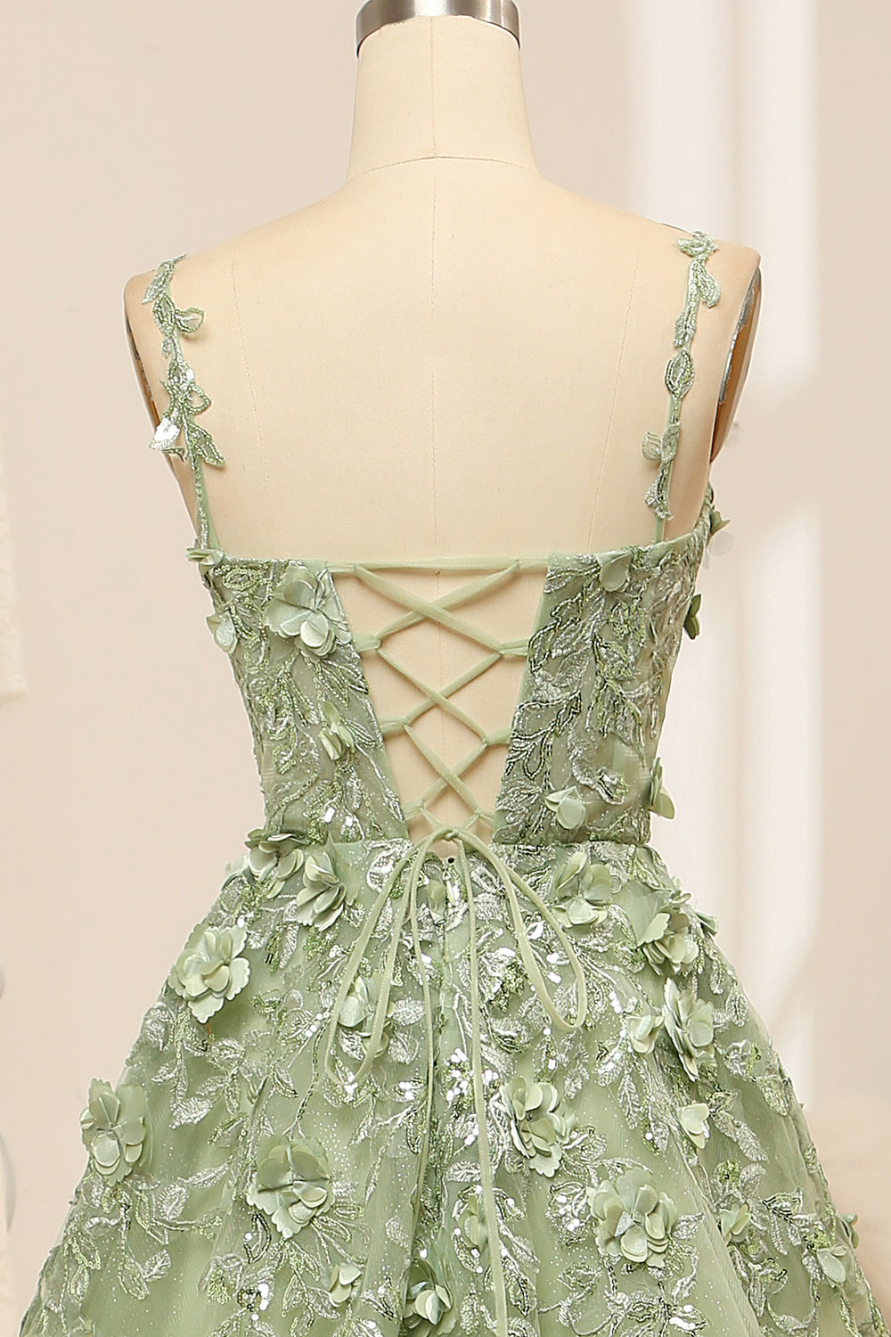 Green A Line Spaghetti Straps Tulle Long Prom Dress With Appliques Beautiful