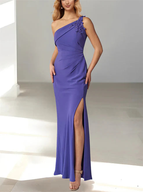 Sheath One Shoulder Floor Length Mother Of The Bride Dresses With Slit Evening Dress