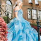 Blue Off the Shoulder Ruffle Tiered Tulle Long Prom Dresses with Appliques Beautiful