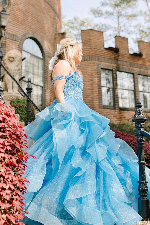 Blue Off the Shoulder Ruffle Tiered Tulle Long Prom Dresses with Appliques Beautiful