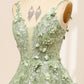 Green A Line Spaghetti Straps Tulle Long Prom Dress With Appliques Beautiful