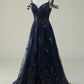 Navy A Line Cold Shoulder Long Prom Dress V-neck Sexy Sparkly