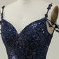 Navy A Line Cold Shoulder Long Prom Dress V-neck Sexy Sparkly
