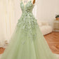 Green A Line Spaghetti Straps Tulle Long Prom Dress With Appliques Beautiful