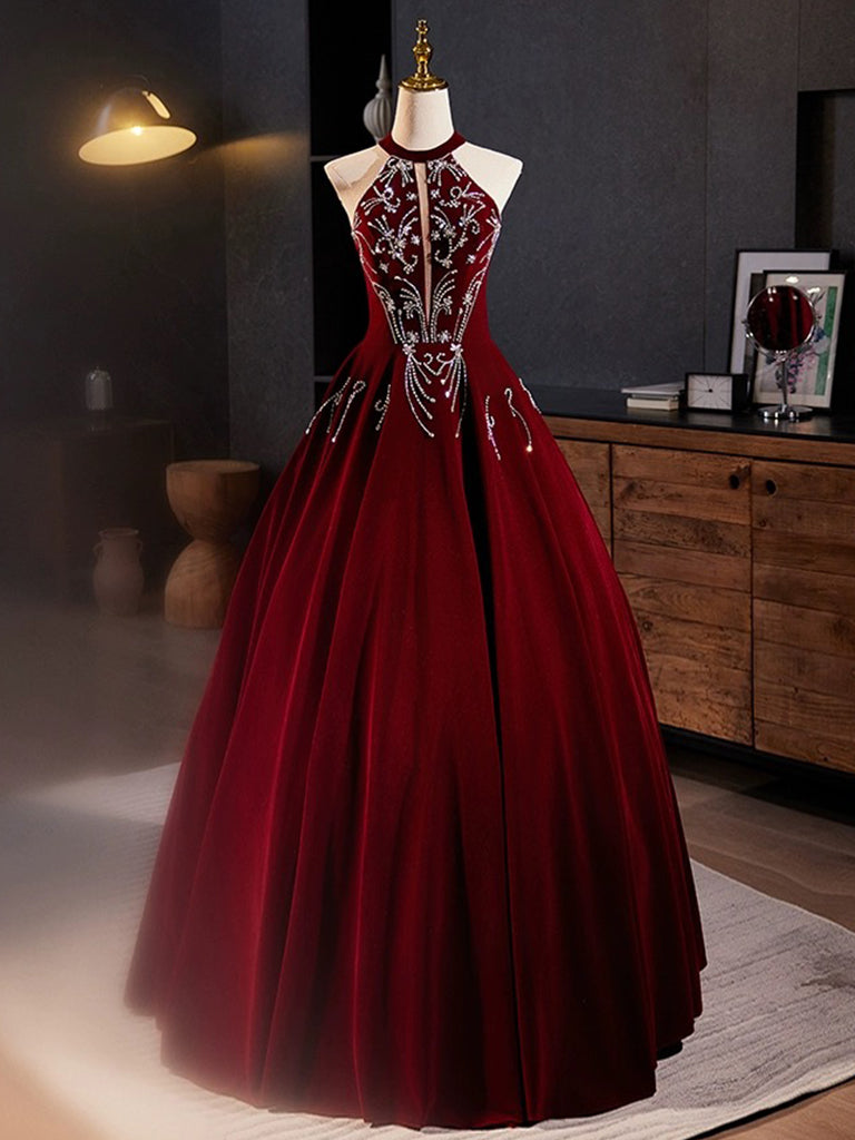 A-Line Velvet Sequin Burgundy Long Prom Dress Long Formal Dress december wedding guest dress