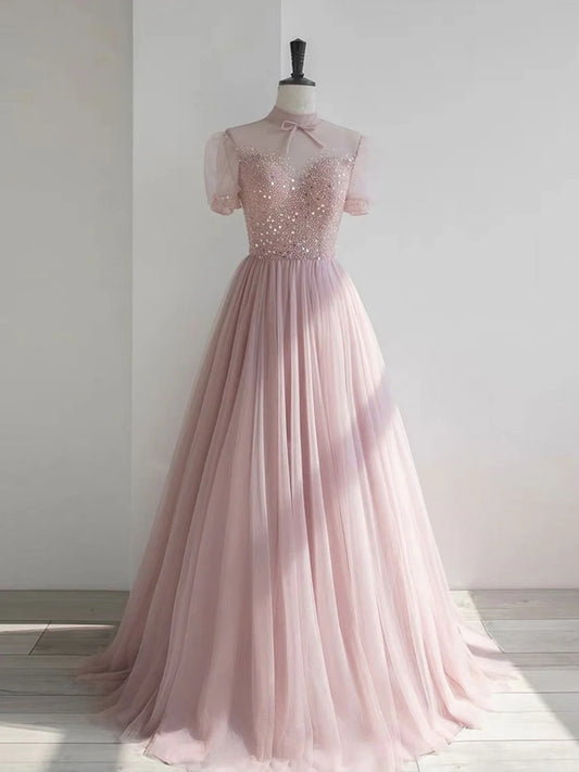 Pink round neck tulle sequin long prom dress formal dress Short Sleeves december wedding guest dress