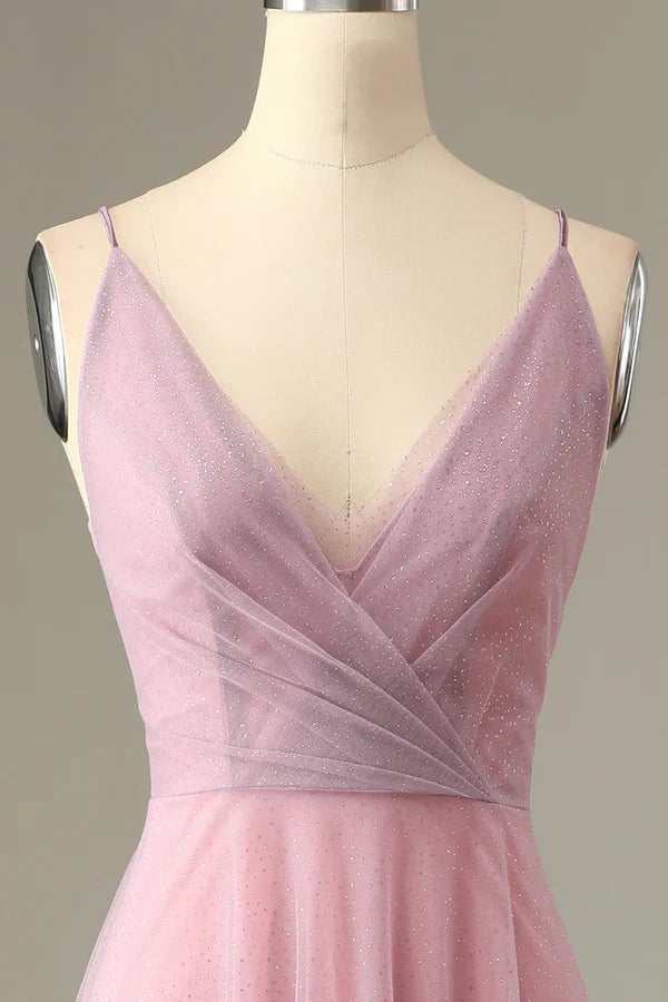 A Line Spaghetti Straps Grey Pink Bridesmaid Dress V-Neck Wedding Guest Dress Sparkly