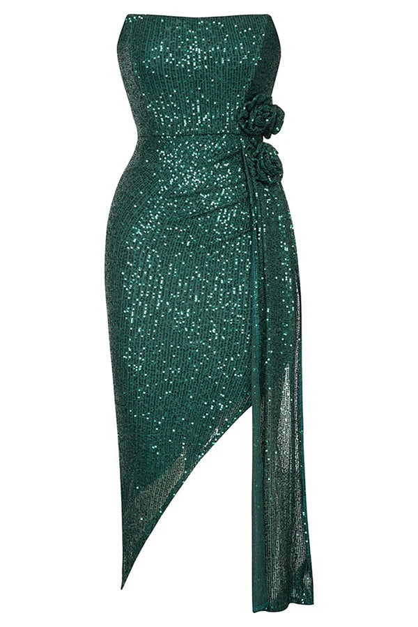 Green Sequins Strapless Cocktail Dress with Ruffles Sparkly Party Dress